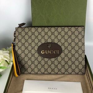 Gucci Beige and Brown Clutch with Yellow Accent